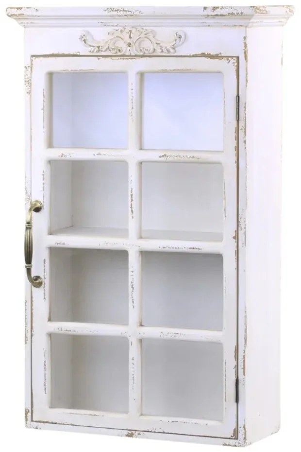 Dulap de perete shabby chic, alb antichizat, cu 2 polițe și ușă din sticlă