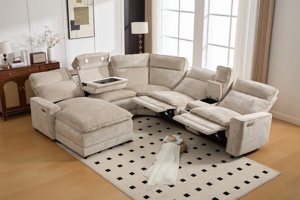 Coltar dumonde cu 3 reclinere electrice, incarcare USB, USB-C, tava, lumini de citit, suport pahare, textil, Vireon 317x347cm