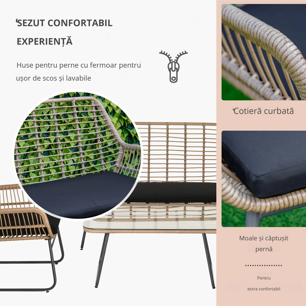 Outsunny Set Canapele pentru Veranda, 4 Piese, Ratan Natural, Design Sofisticat, Ideal pentru Relaxare si Petreceri in Aer Liber | Aosom Romania