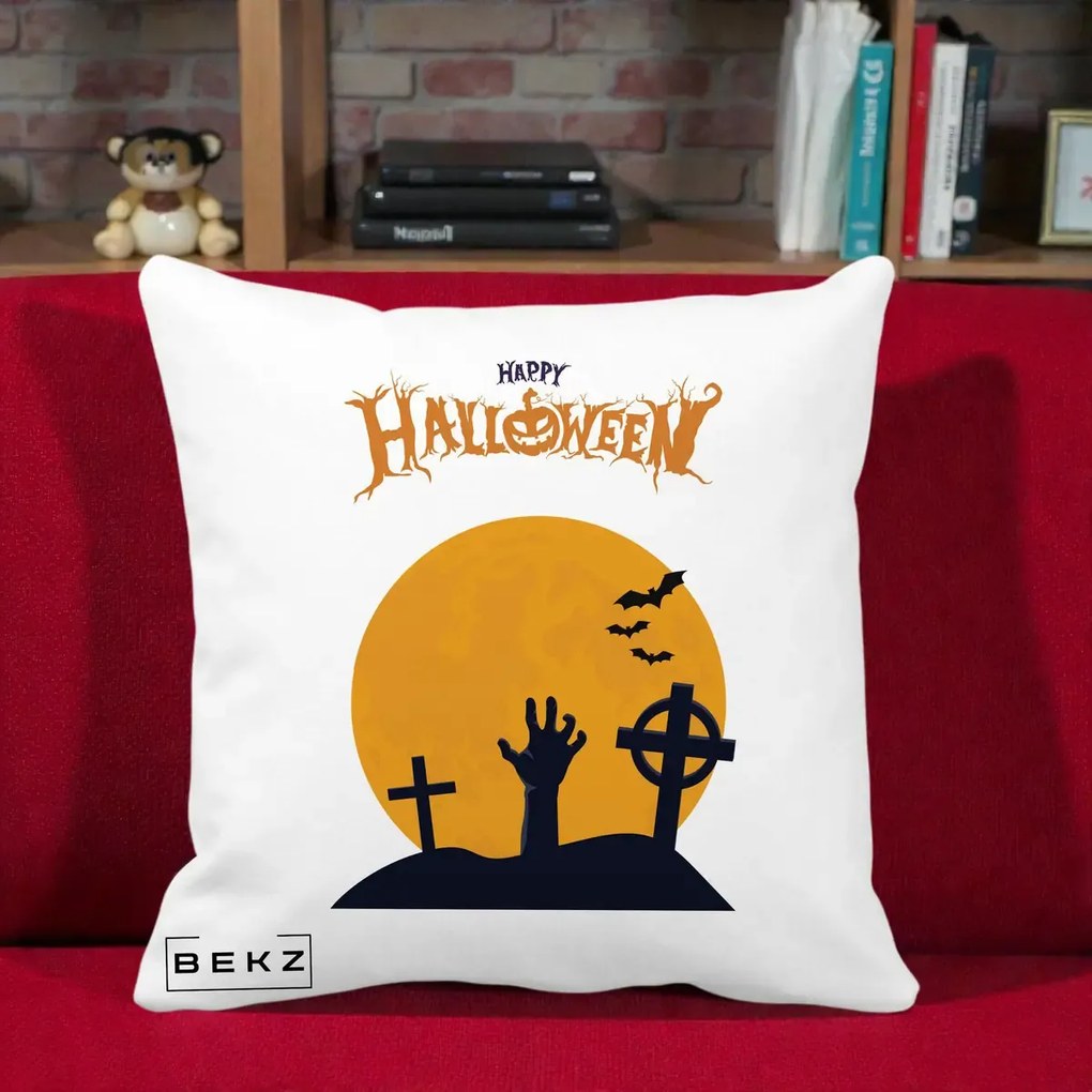 Perna Decorativa Happy Halloween Cimitir cu Luna, 40x40 cm, Alba Mata, Husa Detasabila, Perna Inclusa, BEKZ®