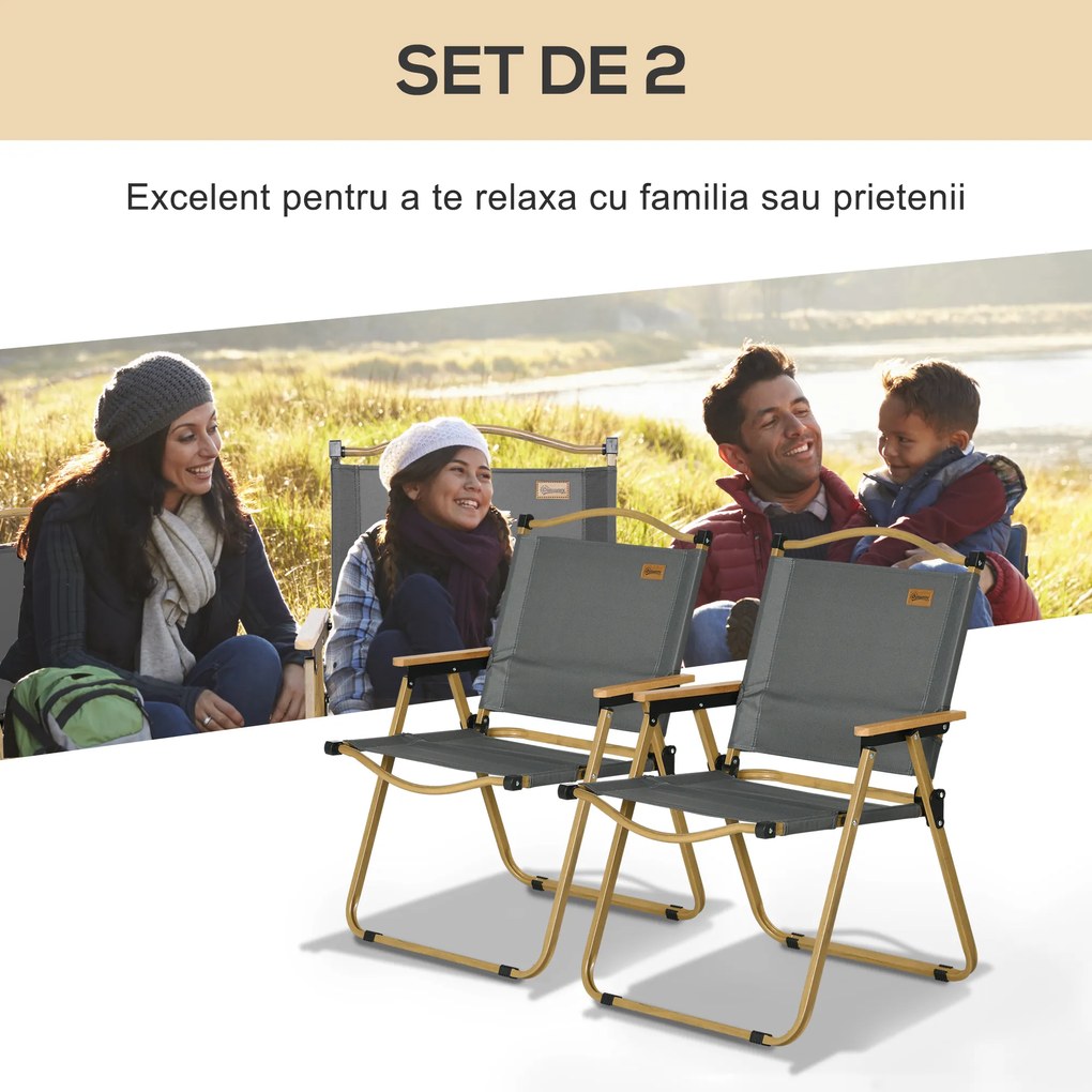 Outsunny Set 2 Scaune de Camping Pliabile cu Cotiere, 54x59x78 cm, Gri Închis | Aosom Romania