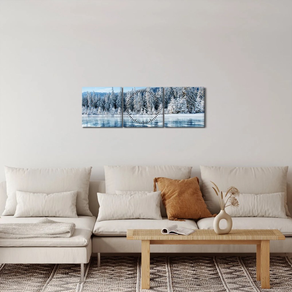 Tablou cu lacul înghețat și copacii înzăpeziți (cu ceas) (90x30 cm)