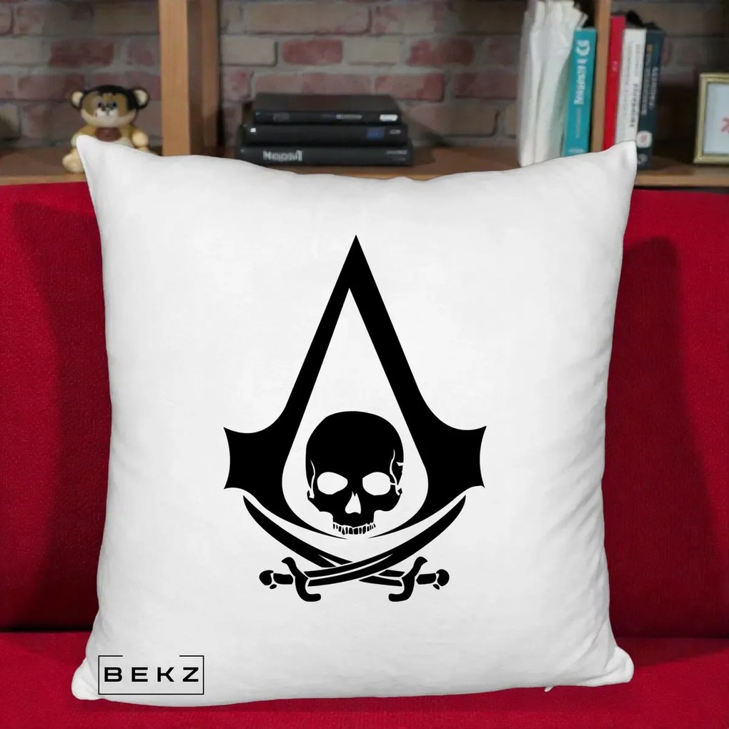 Perna Personalizata Assassin's Creed Black Flag Skull, 40x40 cm, Alb Pufos, Husa Detasabila, Perna Inclusa, BEKZ®