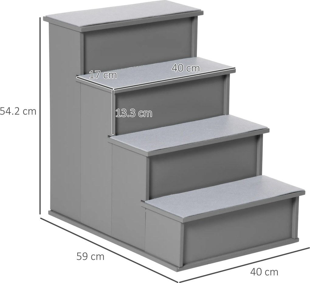 PawHut Scara pentru animale de companie, pentru câini/pisici, 4 trepte, Pluș scurt, până la 30 kg, 40 x 59 x 54,2 cm, Gri | Aosom Romania