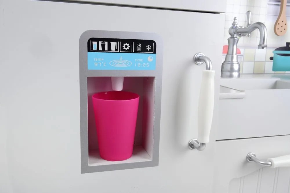 Bucătărie de jucărie din lemn pentru copii cu iluminare LED, accesorii și efecte sonore