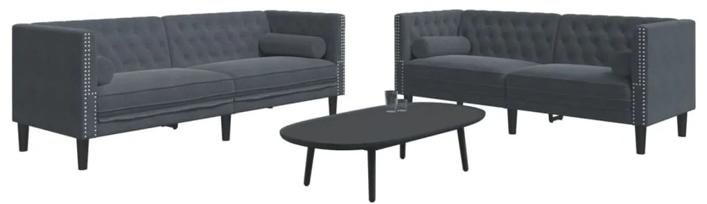 vidaXL Set canapele Chesterfield cu perne rulou, 2 piese, gri, catifea