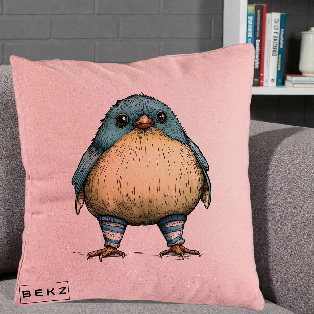 Perna Decorativa Pasare Albastra cu Sosete Albastre, 40x40 cm, Roz, Husa Detasabila, Perna Inclusa, BEKZ®