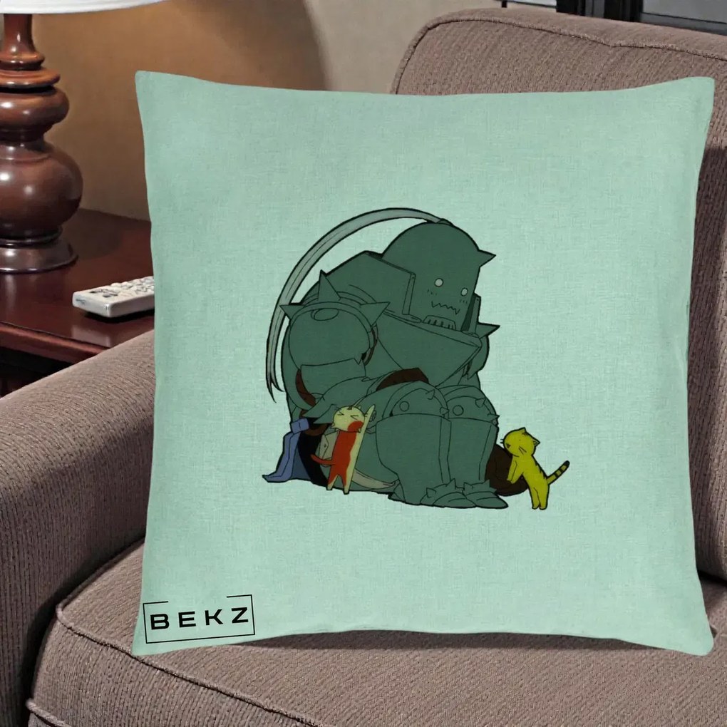 Perna Personalizata Fullmetal Alchemist Alphonse cu Pisici, 40x40 cm, Verde Menta, Husa Detasabila, Perna Inclusa, BEKZ®