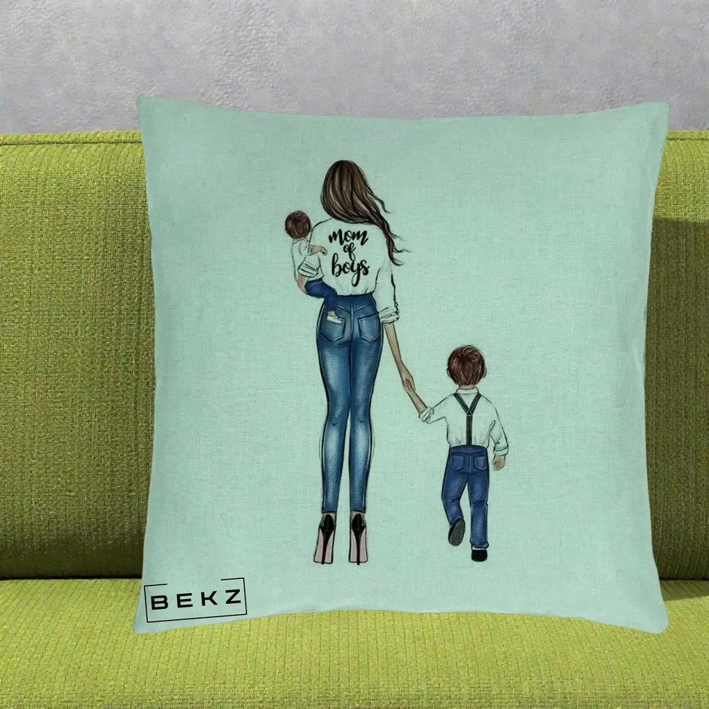 Cadou pentru Mama - Perna Personalizata Mom of Boys Mama cu Baietii, 40x40 cm, Verde Menta, Husa Detasabila, Perna Inclusa, BEKZ®