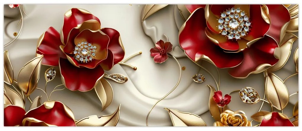 Tablou - Flori 3D Roșu-Auriu (120x50 cm)