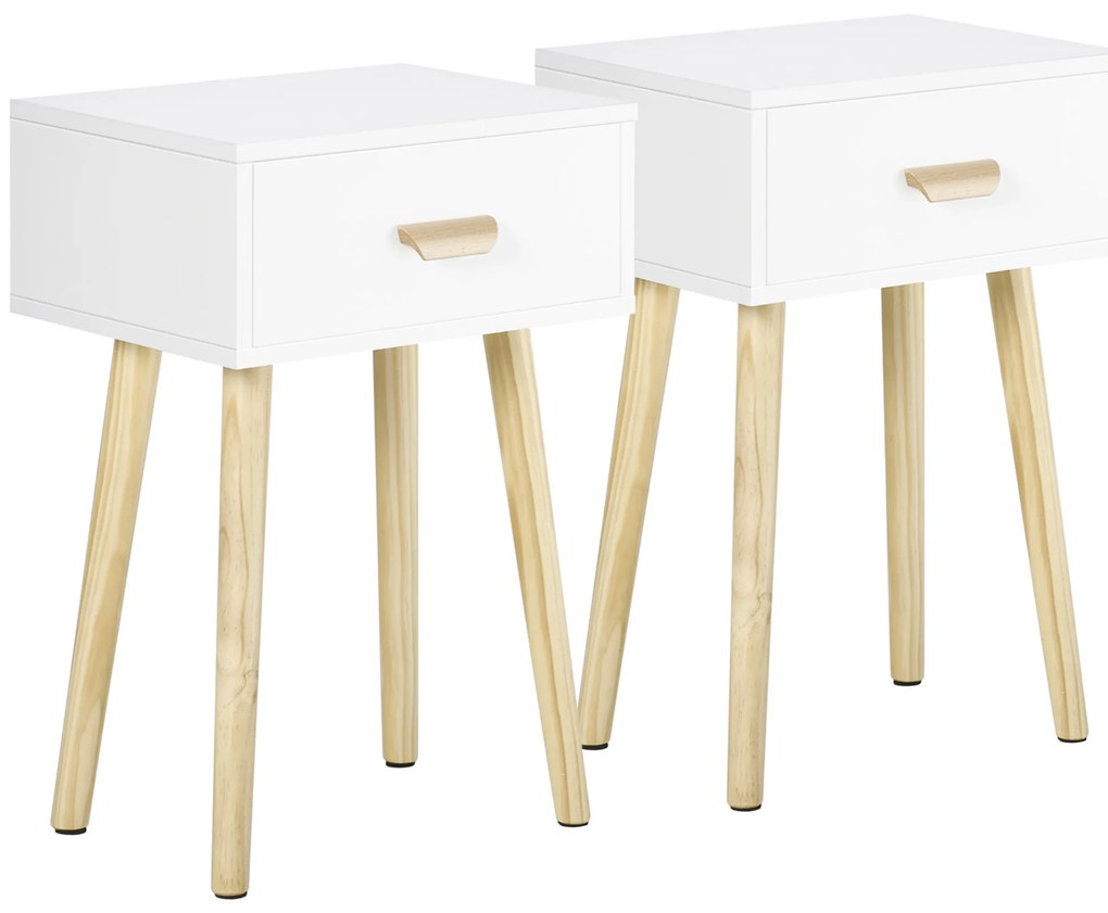 HOMCOM Set de 2 Noptiere cu Sertar și Picioare de Lemn pentru Dormitor Sufragerie Pat Birou 40,5x30,5x60 cm Alb | Aosom Romania