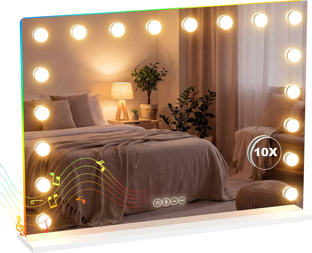 HOMCOM Oglindă Hollywood pentru machiaj cu 18 lămpi LED reglabile, 3 culori, lumină RGB, difuzor Bluetooth, mărire 10x Alb | Aosom Romania