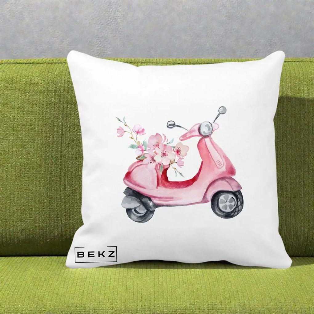 Perna Decorativa Scuter Roz cu Flori Acuarela, 40x40 cm, Alba Mata, Husa Detasabila, Perna Inclusa, BEKZ®