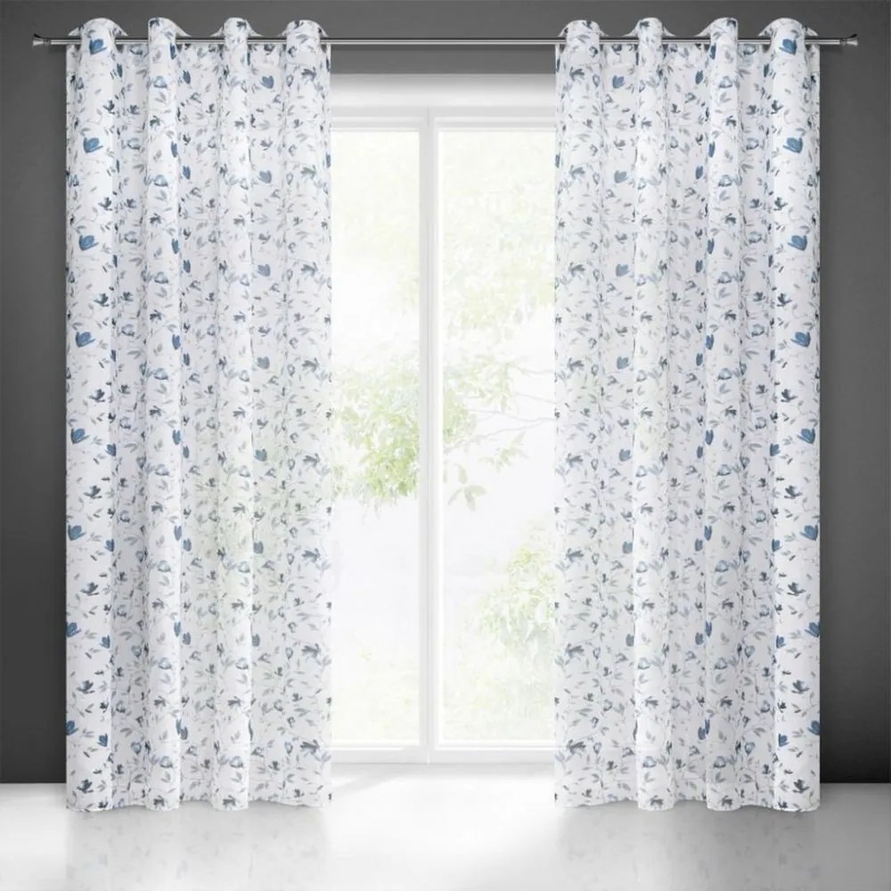 Draperie decorativă subtilă alb-albastră, cu motiv floral Lungime: 250 cm