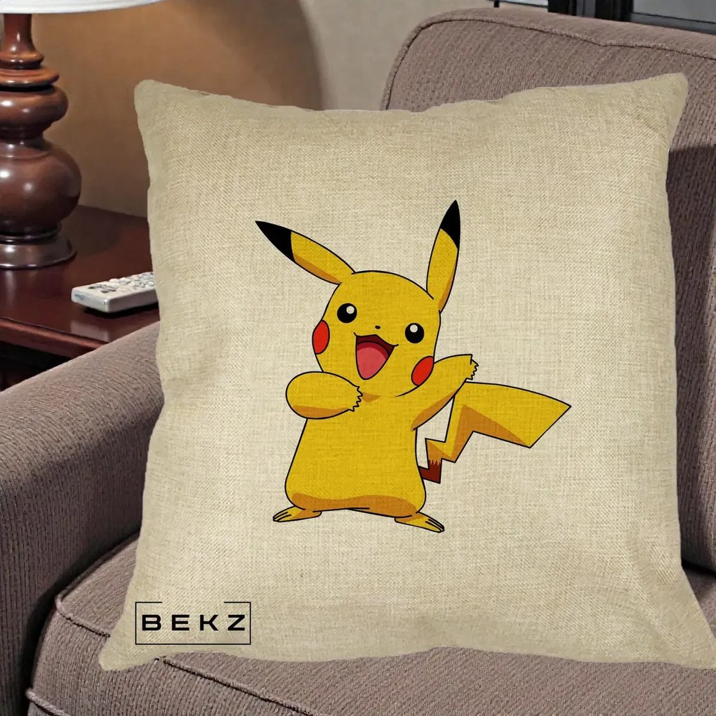Perna Personalizata Pikachu Fericit, 40x40 cm, Crem, Husa Detasabila, Perna Inclusa, BEKZ®
