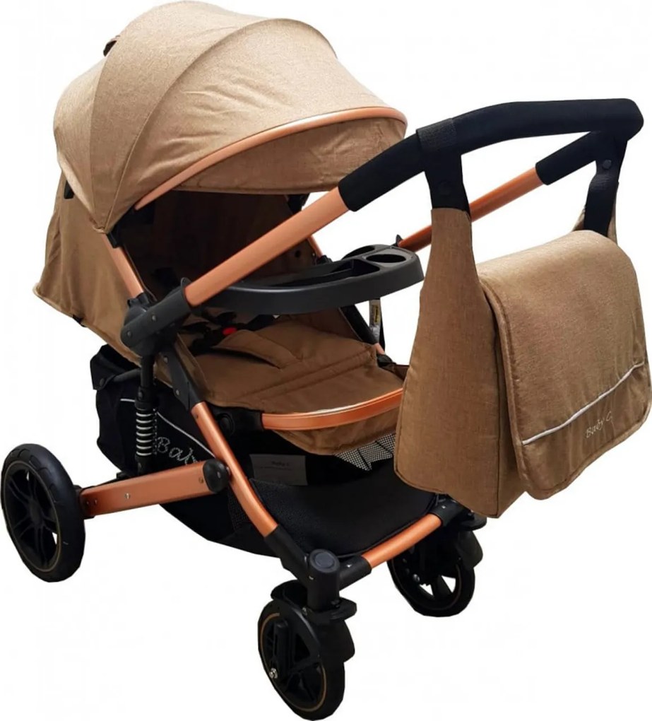 Carucior nou nascuti 2 in 1 BABY CARE™ PRO 512, Cu geanta bebe inclusa, Suspensii, Cadru aluminiu Gold, Maner reversibil, Spatar reglabil in 5