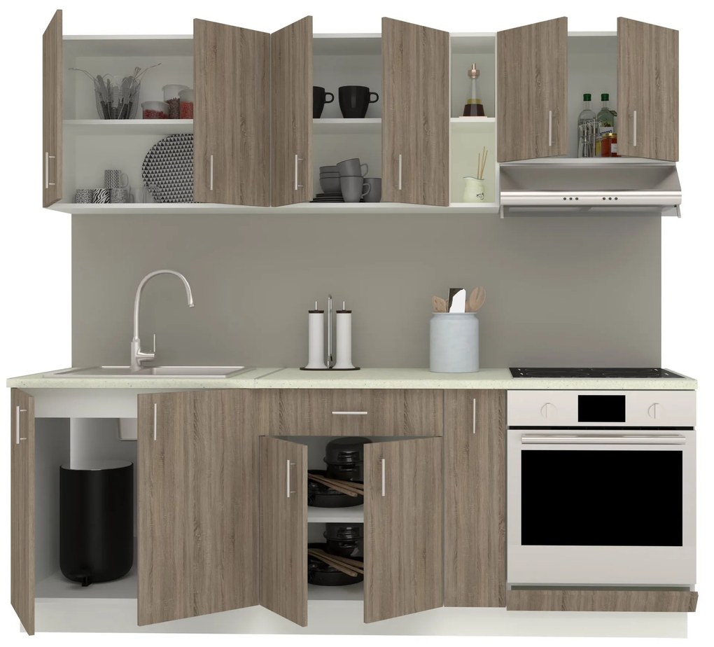 Set Bucatarie Karo V14, Stejar Sonoma Inchis/Alb, Blat Thermo 28 mm, L 220 cm