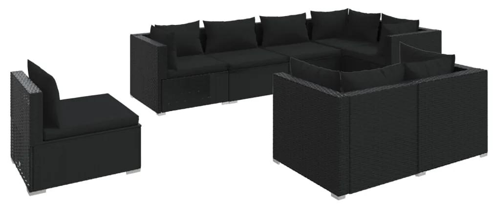 Set mobilier de gradina cu perne, 8 piese, negru, poliratan Negru, 5x colt + 3x mijloc, 1