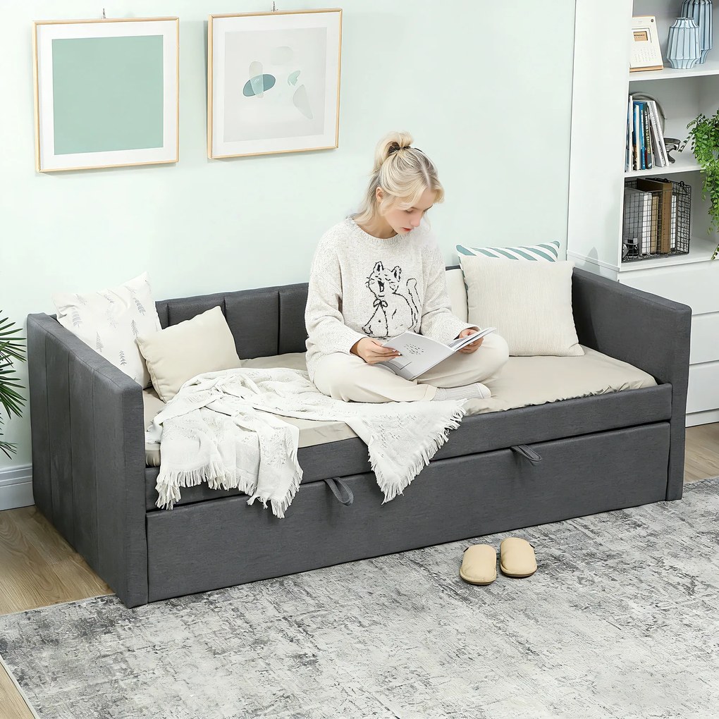 HOMCOM Cadru Pat Simplu 90x190 cm, Canapea cu Al Doilea Pat Extensibil, Tetieră Căptușită, Cotiere, Lamele din Lemn de Plop, pentru Cameră Living Oaspeți, Fără Saltea, Gri Închis | Aosom Romania
