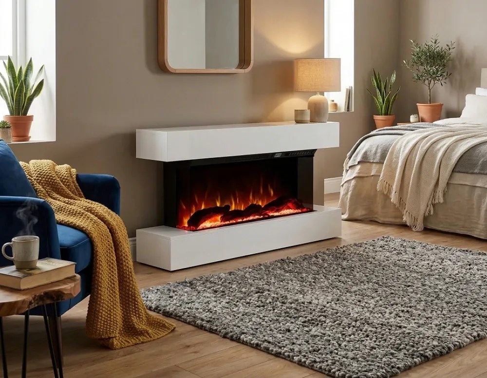 Șemineu electric, montare independentă, cadru MDF, sticla securizata, flacara LED cu efect realist, difuzor cu sunet de lemne trosnind, Alb