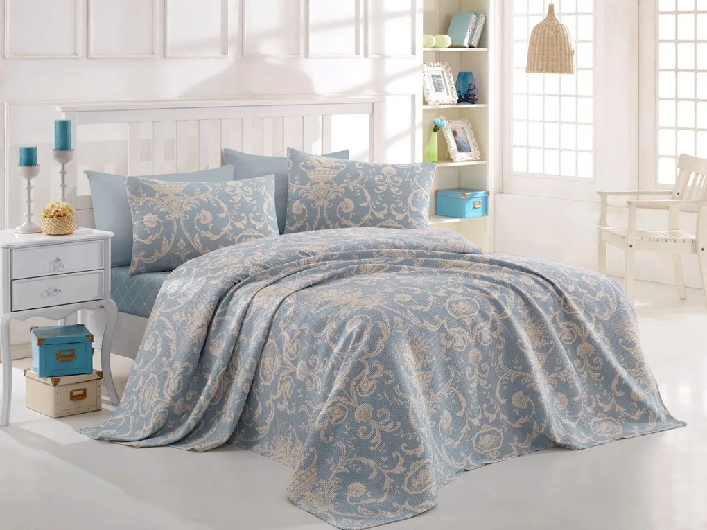 Set cuvertura pat TUVAL, albastru, bumbac, 160x230 cm, cu fata de pern