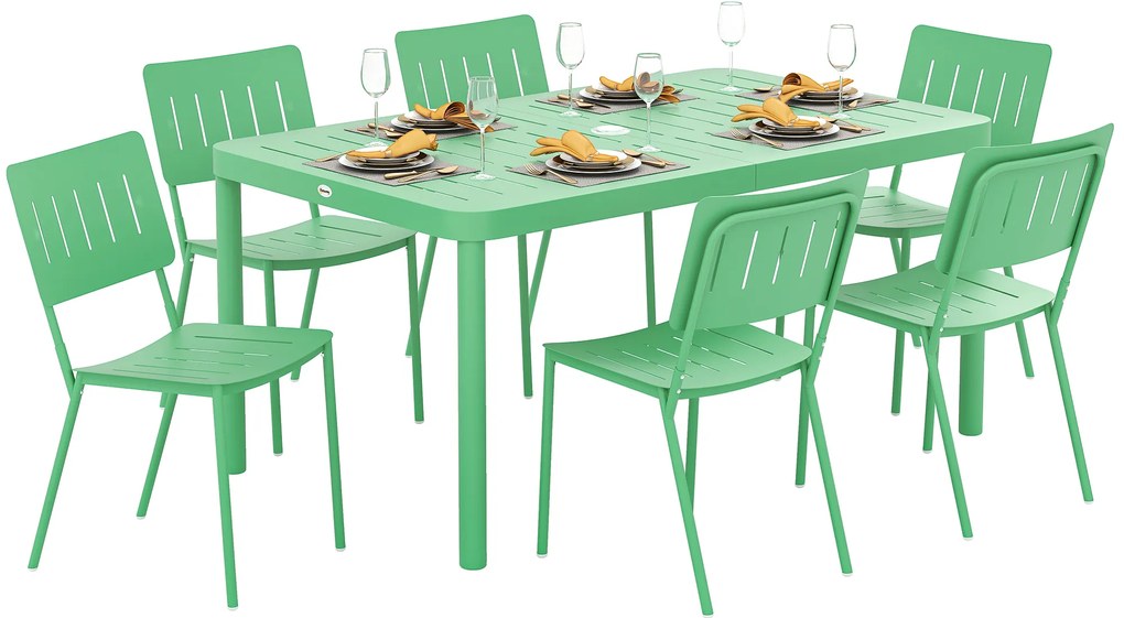 Outsunny Masă de grădină exterioară cu 6 scaune, placă cu lamele 150 cm, structură din oțel rezistent la rugina, verde | Aosom Romania