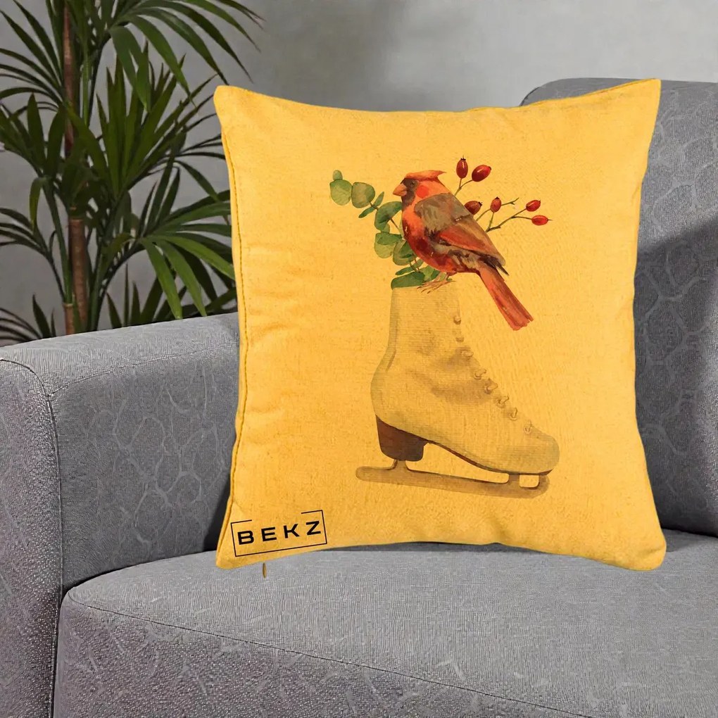 Perna Decorativa Cardinal Rosu pe Patina de Gheata, 40x40 cm, Galben, Husa Detasabila, Perna Inclusa, BEKZ®