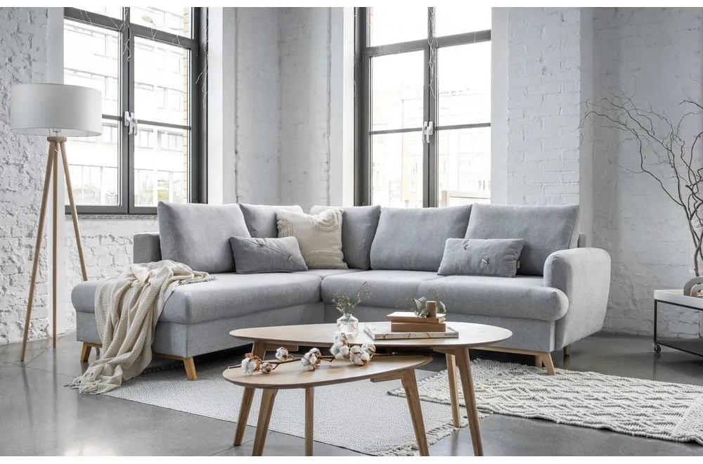 Colțar gri deschis extensibil/cu spațiu de depozitare (cu colț pe partea stângă/în formă de ”L”) Scandic Lagom – Miuform