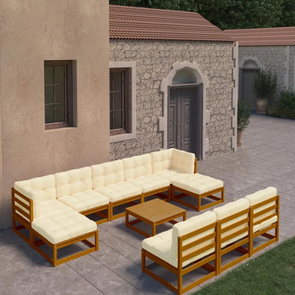 3077152 vidaXL Set mobilier grădină cu perne, 11 piese, maro, lemn masiv pin