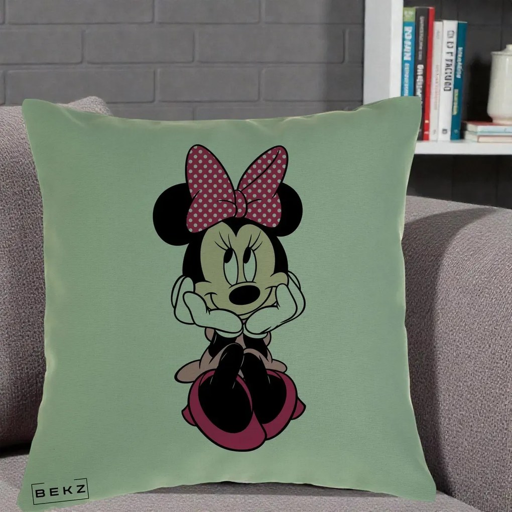 Perna Personalizata Minnie Mouse cu Fundita, 40x40 cm, Verde, Husa Detasabila, Perna Inclusa, BEKZ®