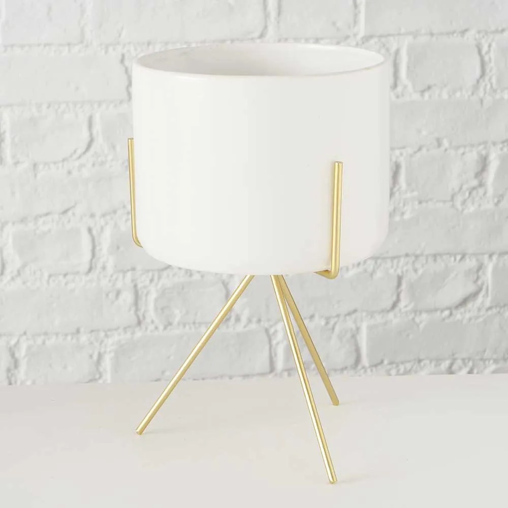 SUPORT GHIVECI, H 26 CM, CERAMICA/METAL, ALB/AURIU