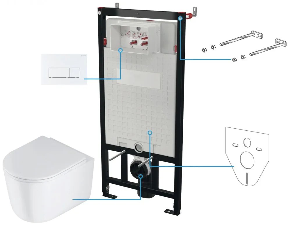 Set vas wc rimless cu capac soft close, rezervor incastrat, clapeta de actionare alba si izolare fonica Deante Jasmin Alb lucios/Alb mat