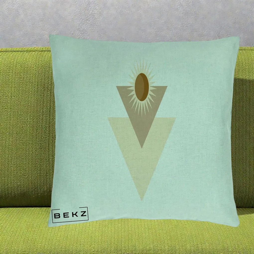 Perna Decorativa Boho Sun cu Triunghiuri Bej si Oval Solar, 40x40 cm, Verde Menta, Husa Detasabila, Perna Inclusa, BEKZ®