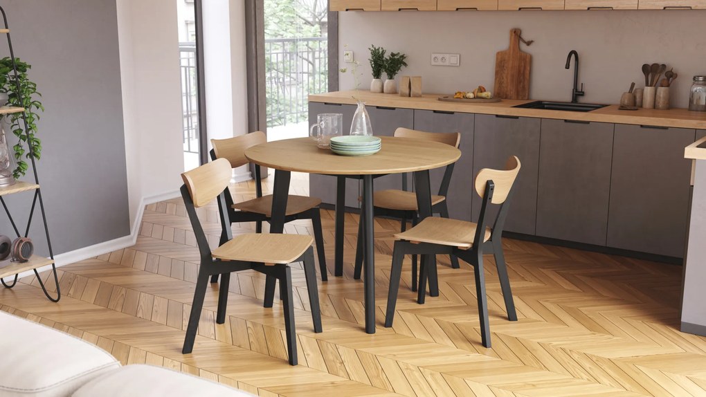 MAZZONI EXPORT ROXY Stejar natural/cadru negru - MASĂ ROTUNDĂ DE LEMN PENTRU BUCĂTĂRIE/SUFRAGERIE RETRO