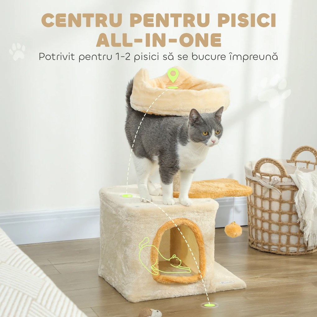 PawHut Arborele pentru Pisici cu Crenguță și Căsuță 40x30x72 cm Bej și Galben | Aosom Romania