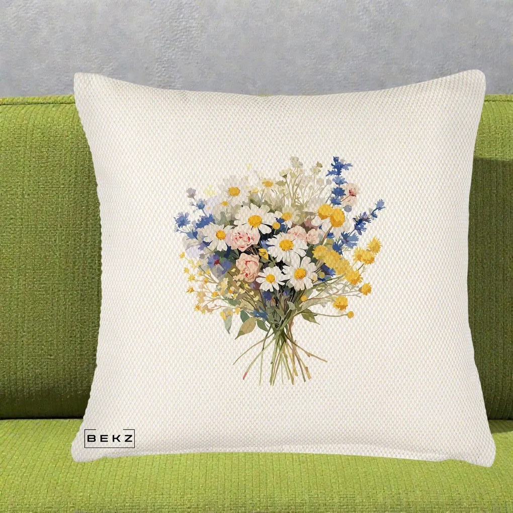 Perna Decorativa Buchet Camp Acuarela Margarete-Lavanda, 40x40 cm, Crem Reliefat, Husa Detasabila, Perna Inclusa, BEKZ®