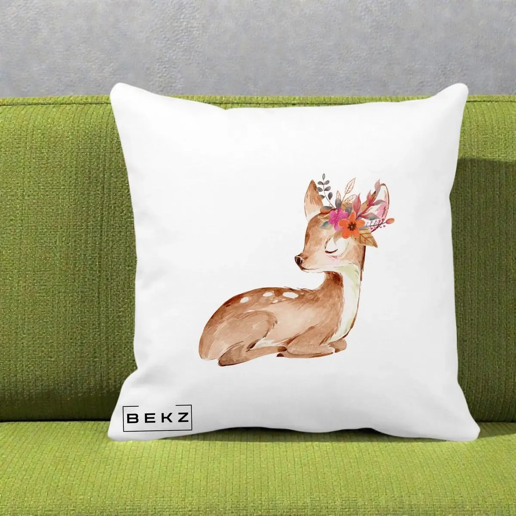 Perna Decorativa Caprioara cu Flori in Coama, 40x40 cm, Alba Mata, Husa Detasabila, Perna Inclusa, BEKZ®
