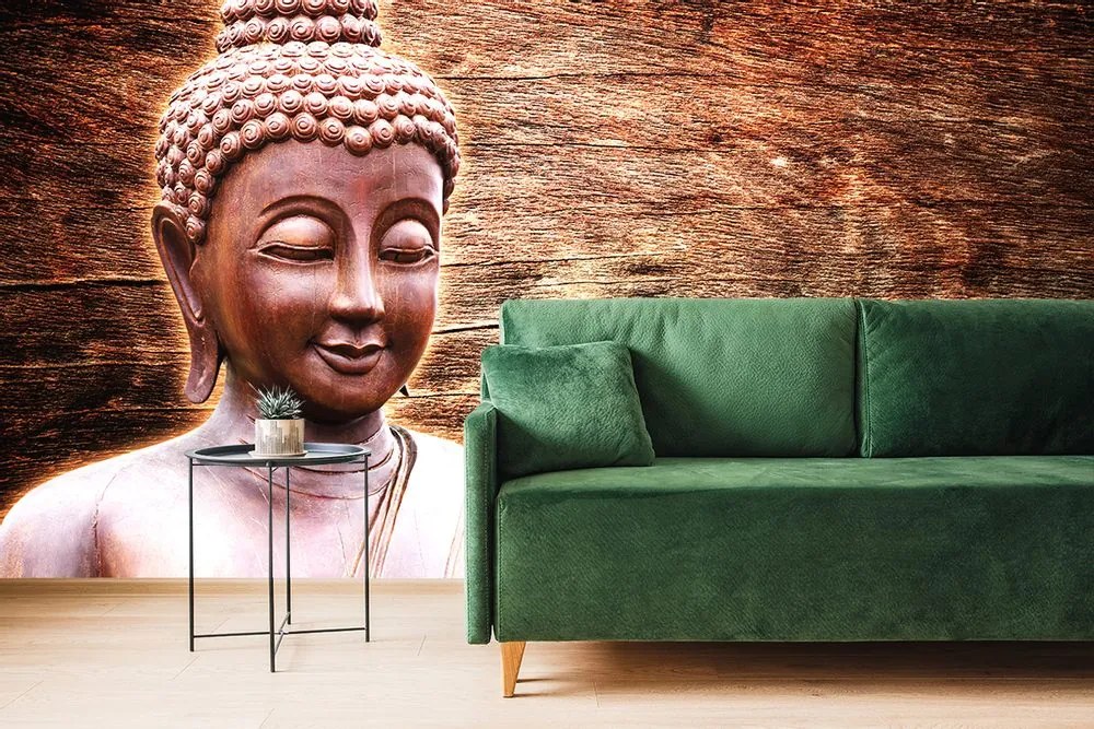 Tapet statuie Budha pe fundalul din lemn
