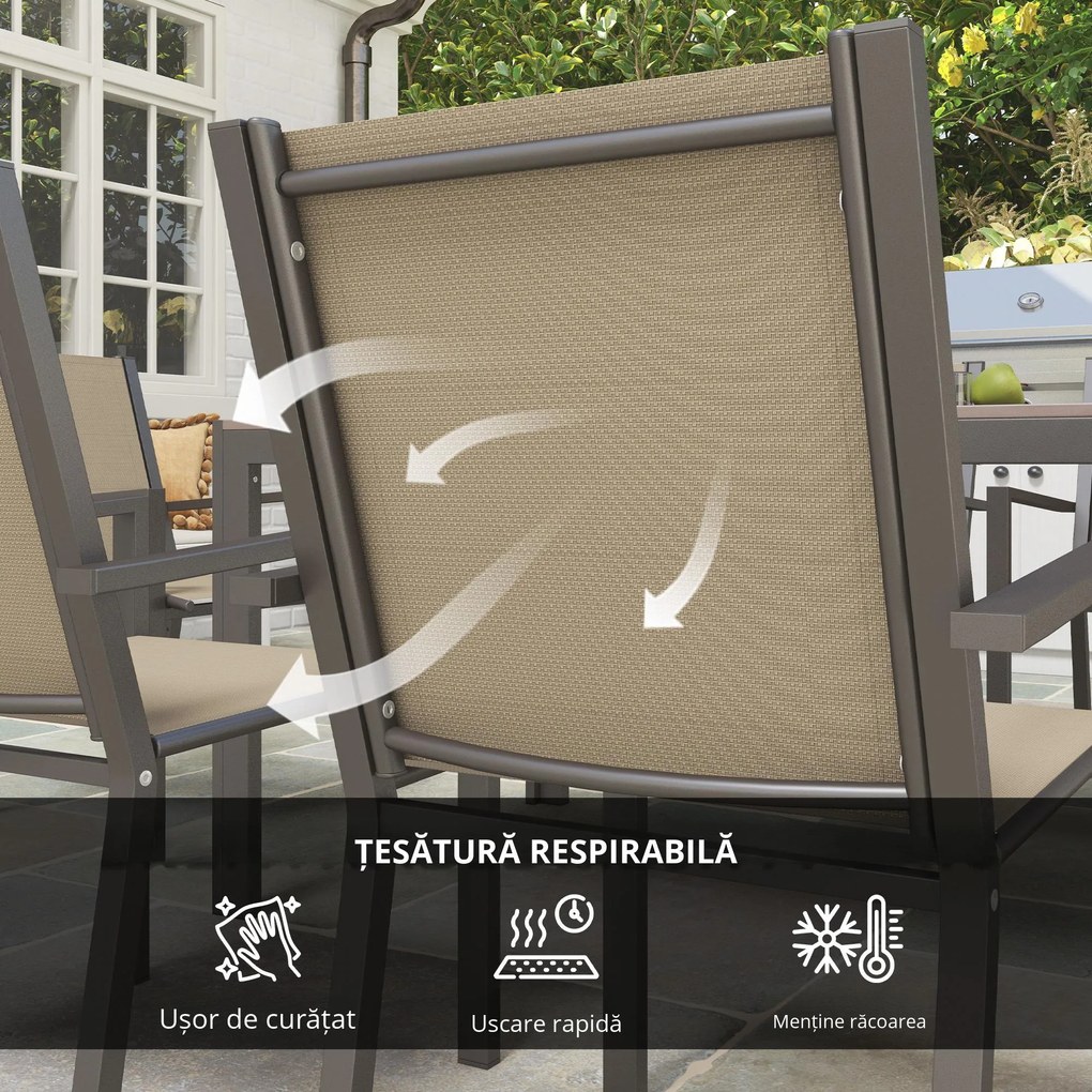 Outsunny Set de Grădină din 7 Piese cu Masă din Plastic-Lemn și 6 Fotolii Stivuibile cu Șezut și Spătar, 150x90x73 cm, Maro | Aosom Romania