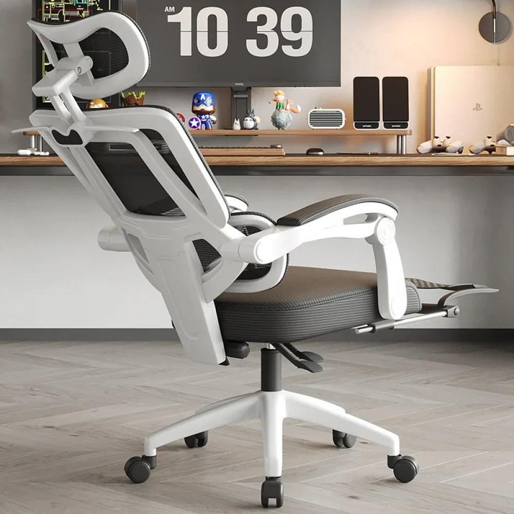 RESIGILAT- Scaun ergonomic cu suport lombar, tetieră reglabilă 3D, suport pentru picioare, Mesh, Alb/Negru