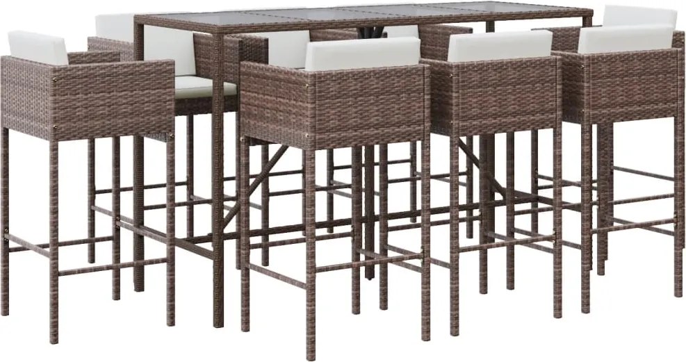 vidaXL Set mobilier bar de grădină, cu perne, 9 piese, maro, poliratan