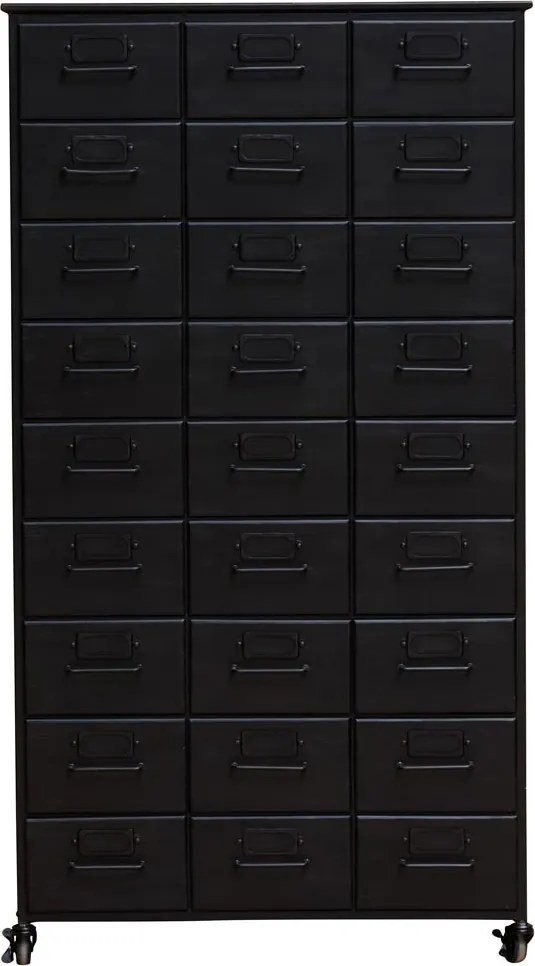 Dulap cu sertare vintage industrial din metal, negru, cu 27 de sertare, port-etichete și roți cu frână, finisaj antichizat, 132 x 76 x 37 cm, „Office”