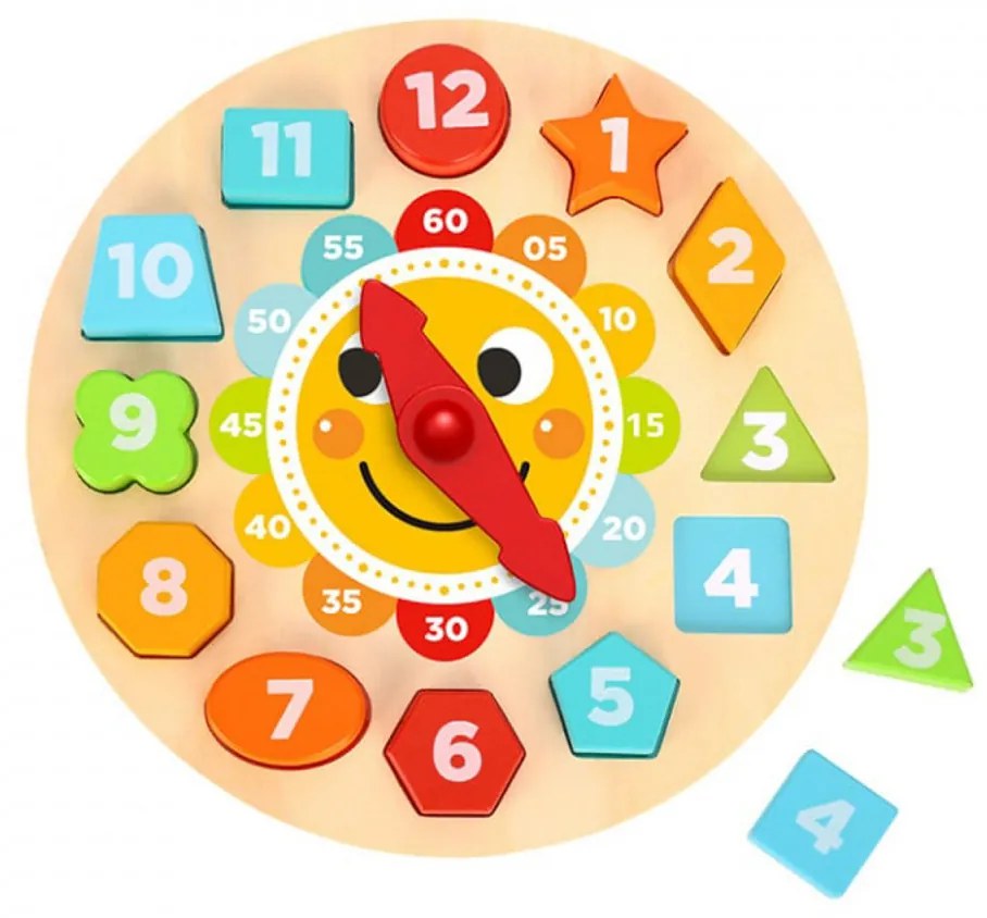 Ceas puzzle 3D din lemn masiv NOVOKIDS™ Wooden Happy Clock, 14 piese, Cu forme geometrice si Numere, Materiale Eco, Multicolor