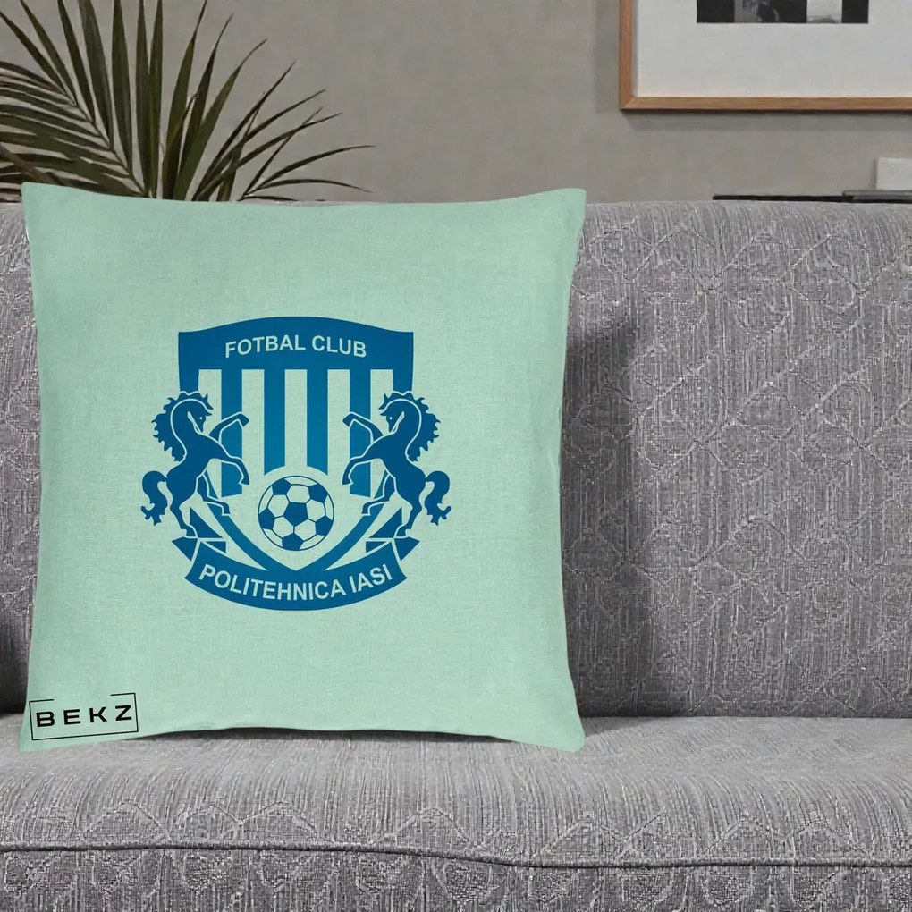 Perna Personalizata FC Politehnica Iasi Fotbal, 40x40 cm, Verde Menta, Husa Detasabila, Perna Inclusa, BEKZ®