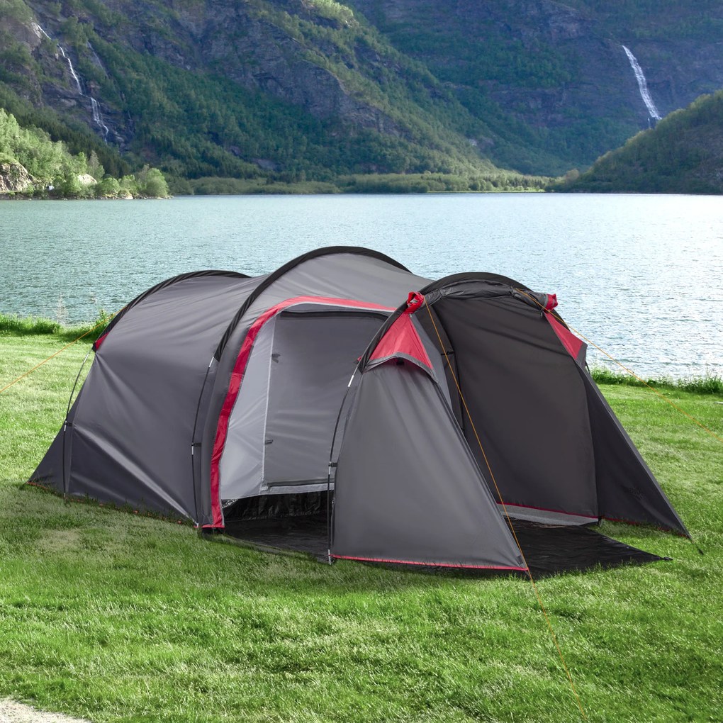 Outsunny Cort pentru Camping 2 Locuri cu Vestibul Mare, Cort Impermeabil Usi cu Fermoar, 426x206x154cm Gri | Aosom Romania