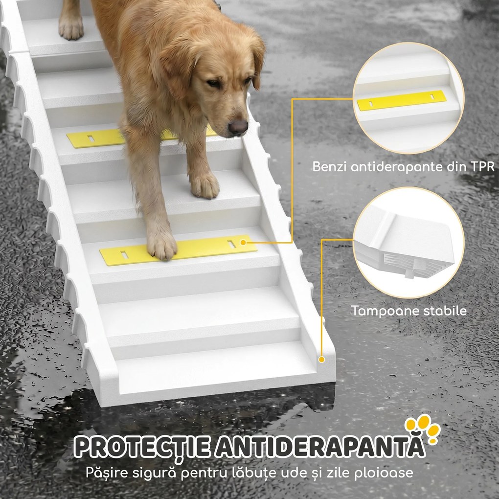 PawHut Rampă Pliabilă pentru Câini pentru Mașină și Paturi Înalte, cu 10 Trepte, Benzi și Covorașe Antiderapante, Albă | Aosom Romania
