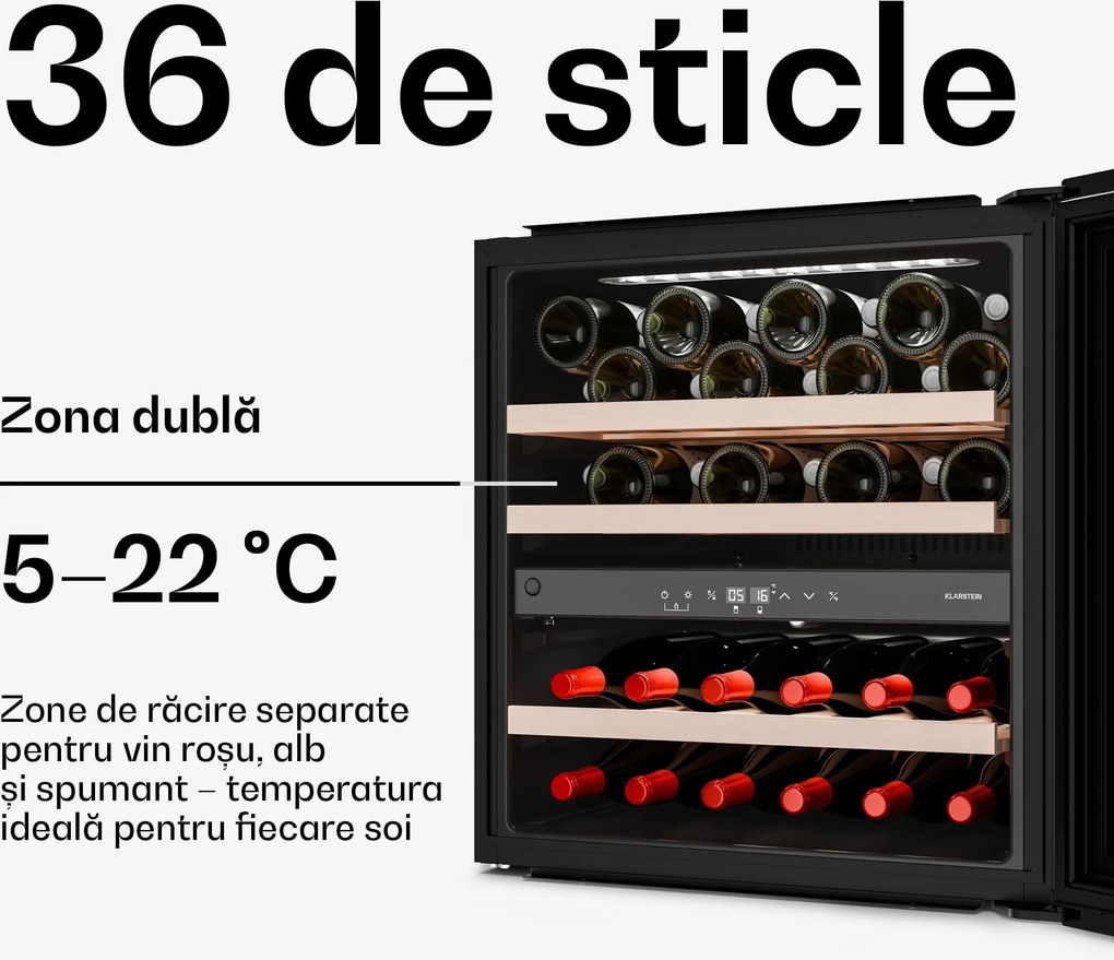 Klarstein Velaire frigider de vinuri încorporabil, Modern și elegant, Protecție UV, Două zone de temperatură, 36 de sticle