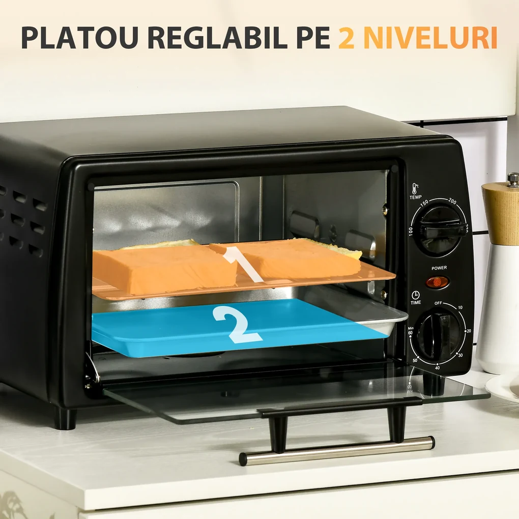 Mini Cuptor electric negru 36,5x26x22cm ,HOMCOM, 10L, temporizator, grila si tava incluse, 750 W, | Aosom Romania