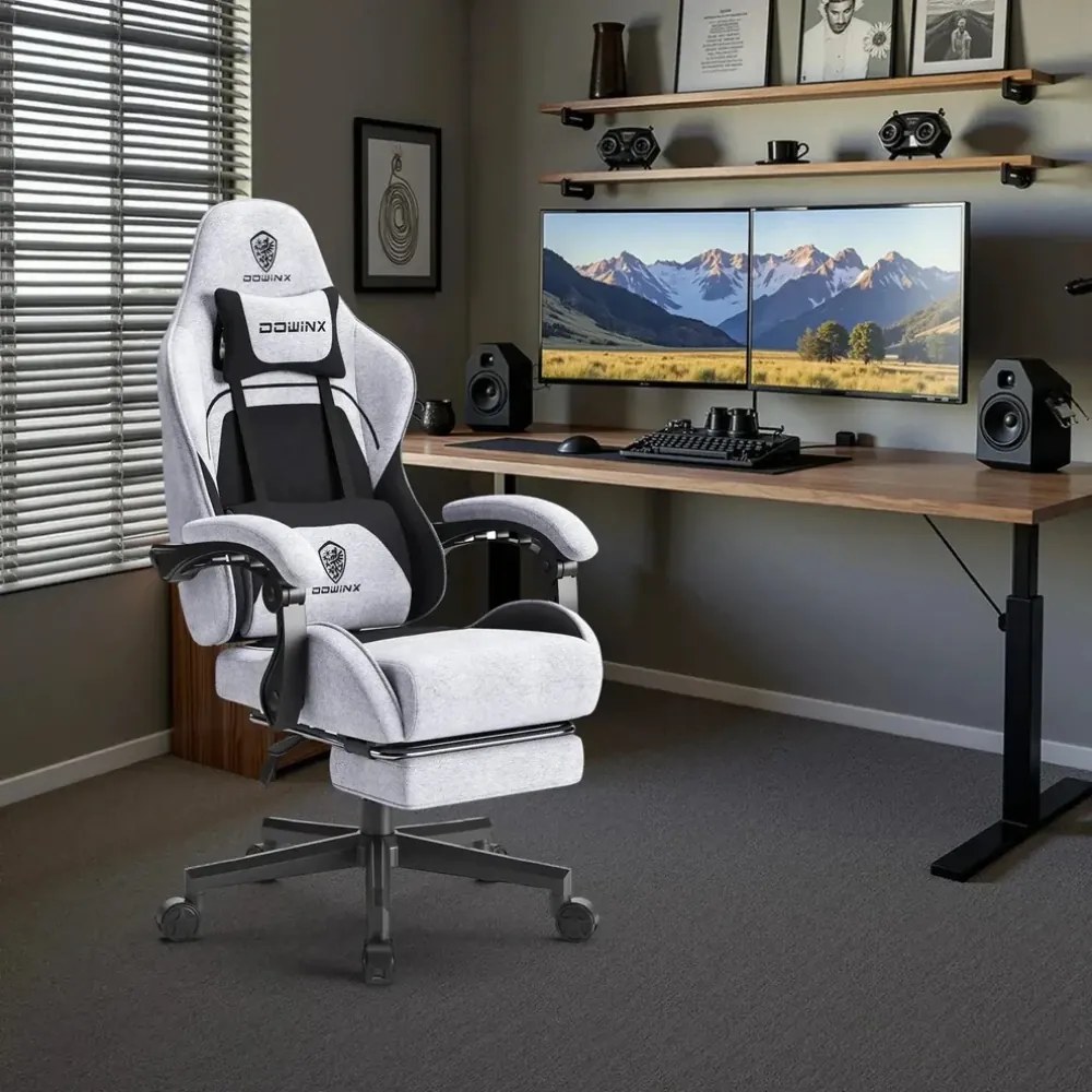 DOWINX 6658B - Scaun Gaming Ergonomic, Masaj in perna lombara, Șezut cu Arcuri Metalice și Spumă, Suport pentru picioare, Rabatabil 90°–135°, Rezistent 130 kg, Material textil, Negru/Gri
