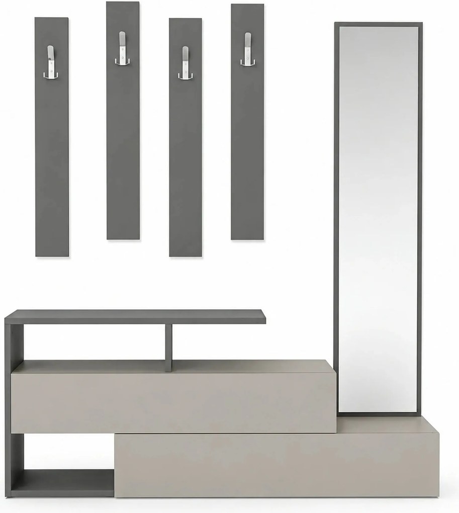 Set hol RAMDA, crem inchis/gri, PAL melaminat, format din cuier, oglin